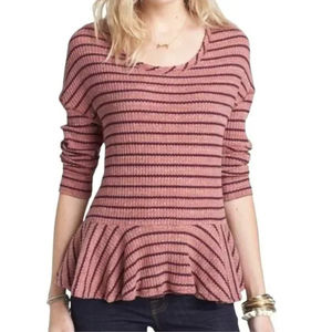 We The Free Auntie Em Knit Stripe Peplum Top M Scoop Neck Long Sleeve Pink Berry